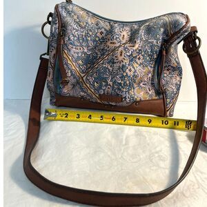 Rosetti Floral Paisley Embossed Canvas Leather Trim Crossbody Bag